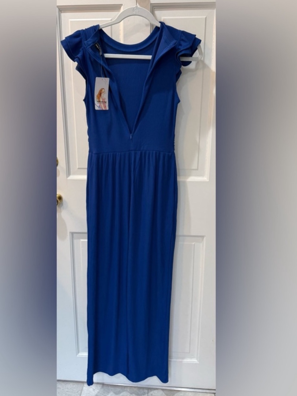 Flutter Sleeve Wide-Leg Jumpsuit in Cobalt Blue - Picture 4 of 6